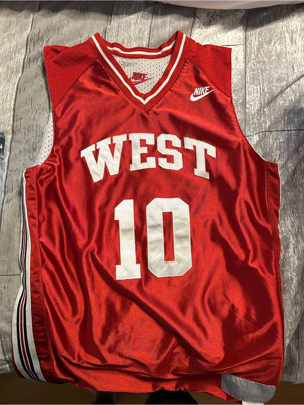 Nike Red Basketball Jersey with White WEST and 10, reversible.